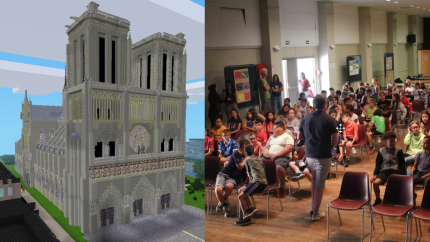 À gauche, une reconstruction voxel de Notre-Dame. À droite, un amphithéâtre rempli d'élèves.